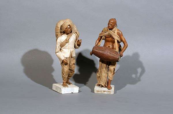 Jadu Nath Pal, Krishnanagar Figures, Height x 22 cms, Both these figures have a glazed applied to them. They are very closely related to our set of seventeen Jadu Nath Pal figures.
