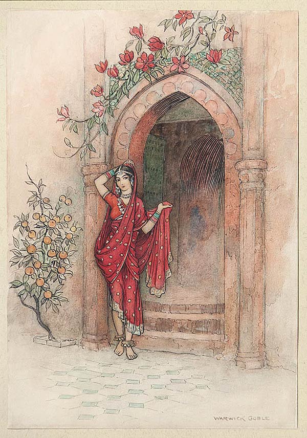 Warwick Goble (1862 – 1943), At the door of which stood a Lady of Exquisite Beauty, 34 x 24 cms, Watercolour