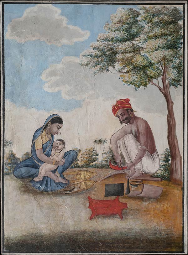 Leather Worker and Family, Tanjore Artist, Opaque watercolour, heightened with gold on paper, Early 19th century, 34 x 26 cms