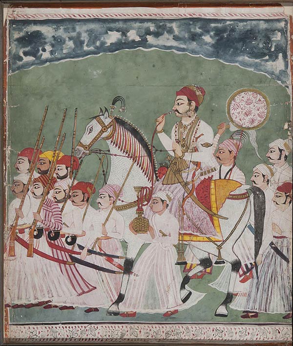 Raja Riding out with His Retinue, Anonymous Southern Rajasthan Artist, Opaque watercolour with gold & pearls on paper, Circa 1750, 32 X 27.5 cms