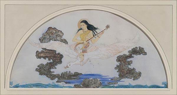 Goddess Saraswati riding Her White Swan, Bengal School, Watercolour heightened with gold & silver on paper, half-circle, 18 x 36 cms