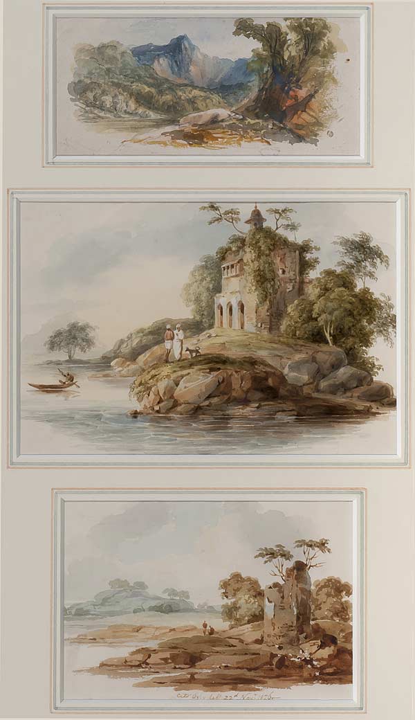 River Views, Sir Charles D'Oyly (1781 - 1845), Circa 1826, Watercolour on paper, 5.5 x 125 cms, 10 x 15.5 cms, 8.5 x 12 cms