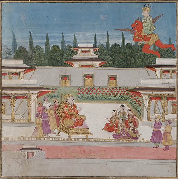 A Man on a Winged Demon Approaching a Court, Hyderabad, Opaque water colour & gold on a Vasili board, Circa 1770, Image 16.5 x 16.5 cms, Vasili board 33 x 27cms