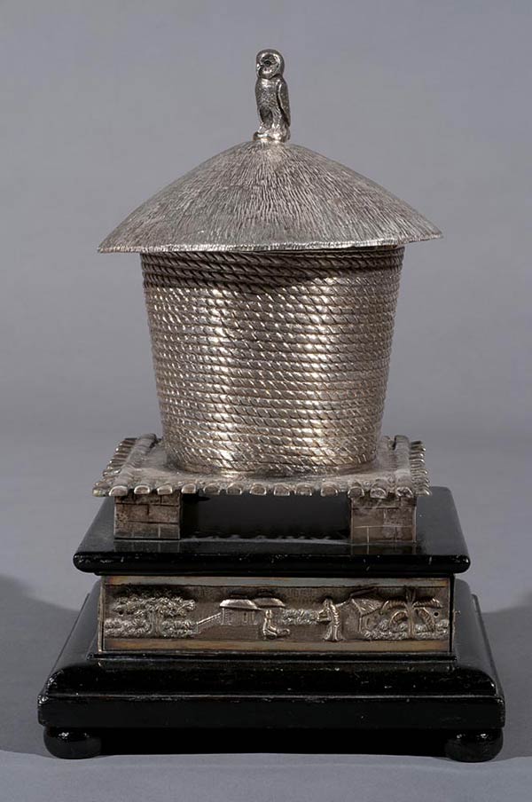 Bengal Silversmith, Honey Pot, with Owl, 23 x 15.5 x 15.5 cms, Silver & ebonised wood, 1st quarter 20th century