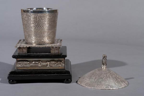 Bengal Silversmith, Honey Pot, with Owl, 23 x 15.5 x 15.5 cms, Silver & ebonised wood, 1st quarter 20th century