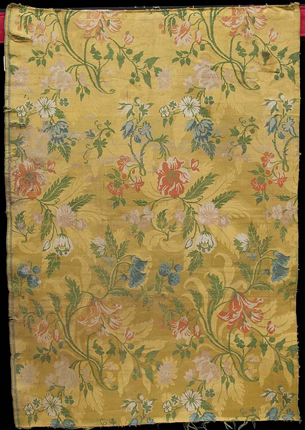 Silk fabric, French, Yellow damask ground the floral patterns brocaded in coloured silk threads, 1695 - 1705