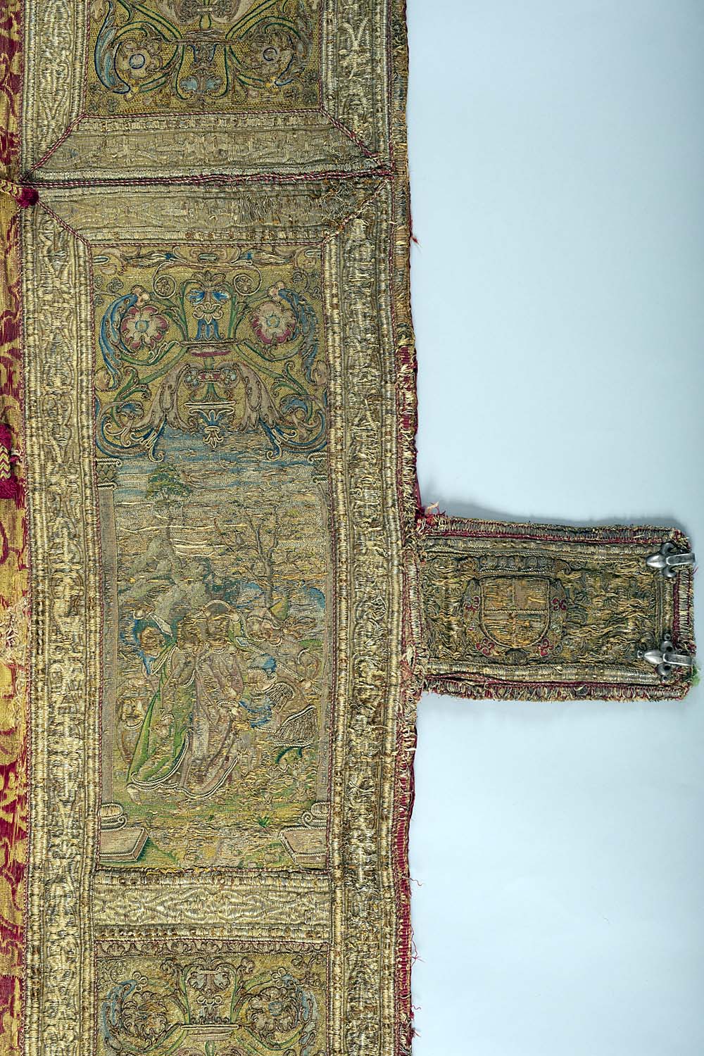 Cope with Embroidered Orphrey & Hood, Cope 140 x 312 cms, Hood - 54 x 53 cms, Workshop and chronology: Spain. Brocatelle: third-quarter of the 16th century; Embroidery: between 1560 - 1580